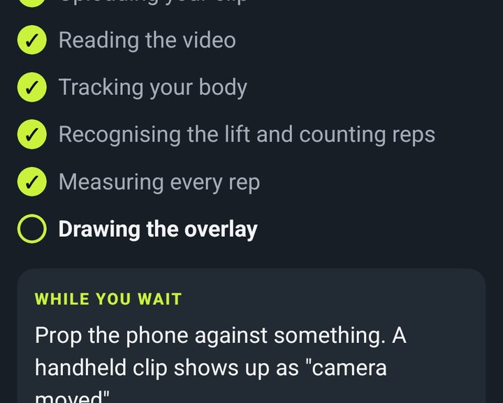 Analysis progress: reading the video, tracking your body, counting reps, measuring every rep, drawing the overlay