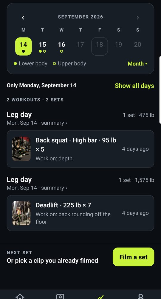Progress calendar: leg days and upper-body days marked on the week, one day picked and its sets listed under it