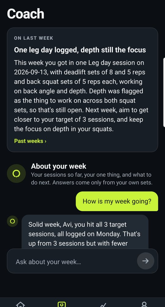 Coach tab: the note on last week and a chat about how the week is going