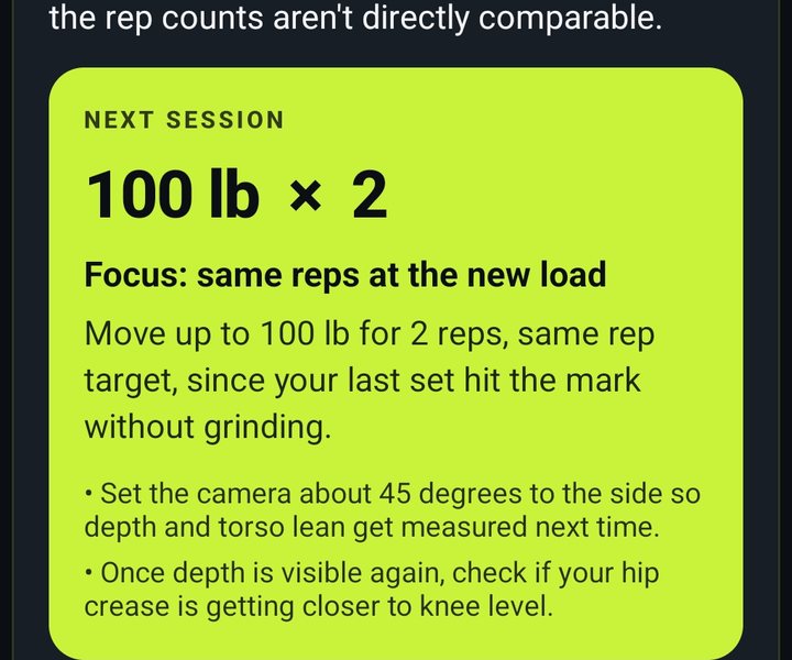 Next session card: 100 lb for 2 reps, focus on the same reps at the new load