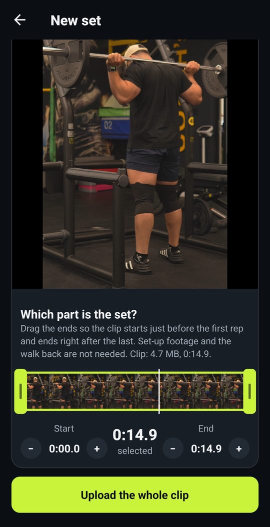 Trim: drag the ends so the clip starts just before the first rep